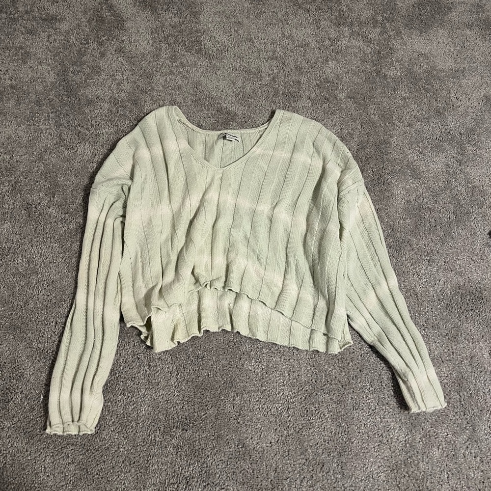 Light Green Striped V Neck Sweater